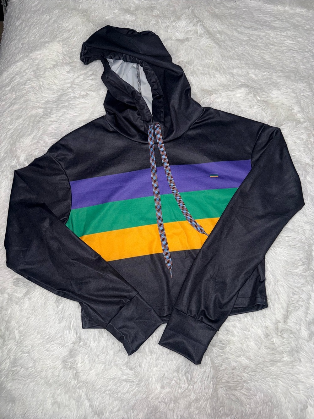 Black Hooded Pullover with Purple, Green & Gold Stripes